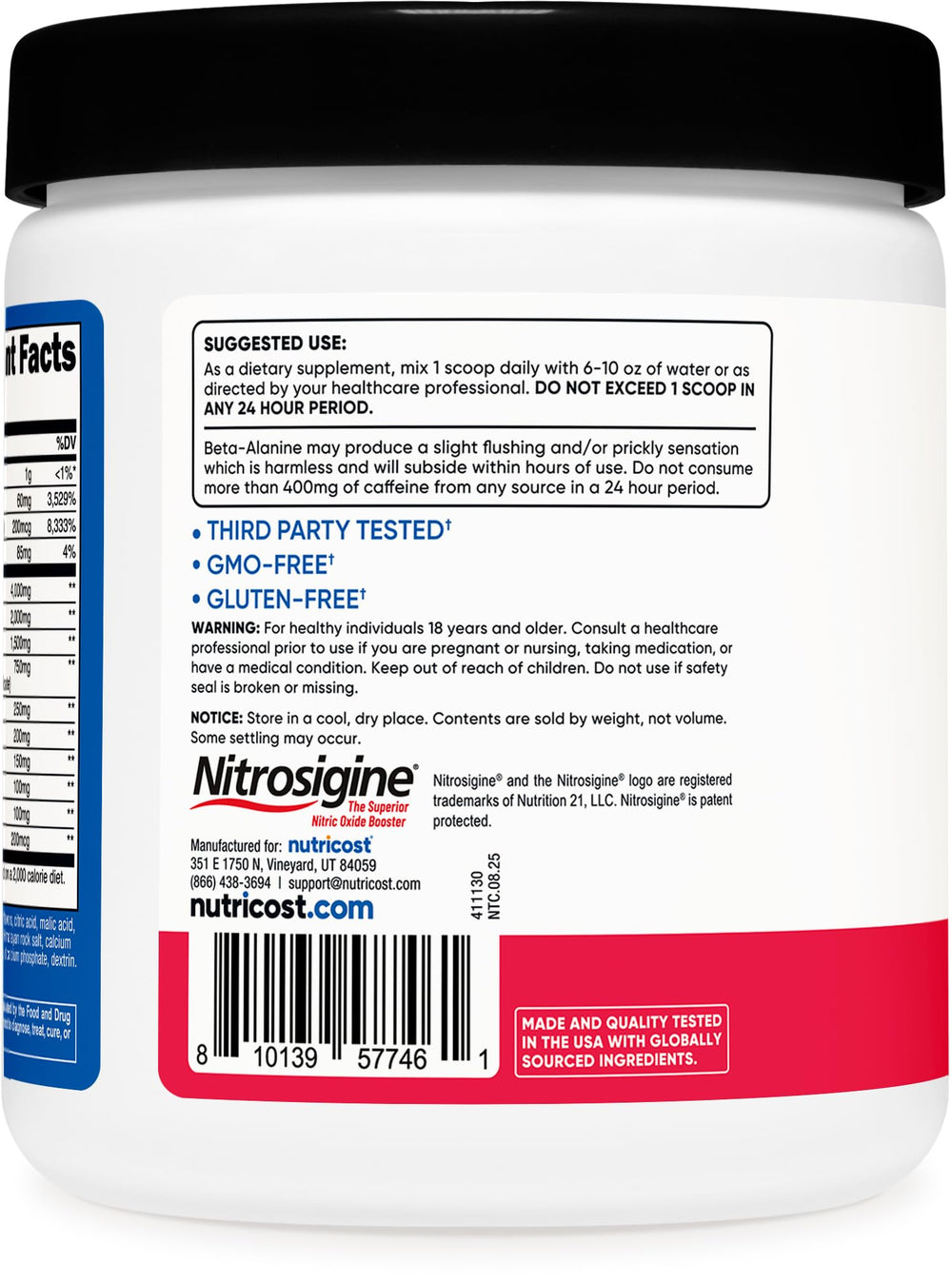 Nutricost Strawberry Margarita ingredients label highlights a clean pre-workout formula.