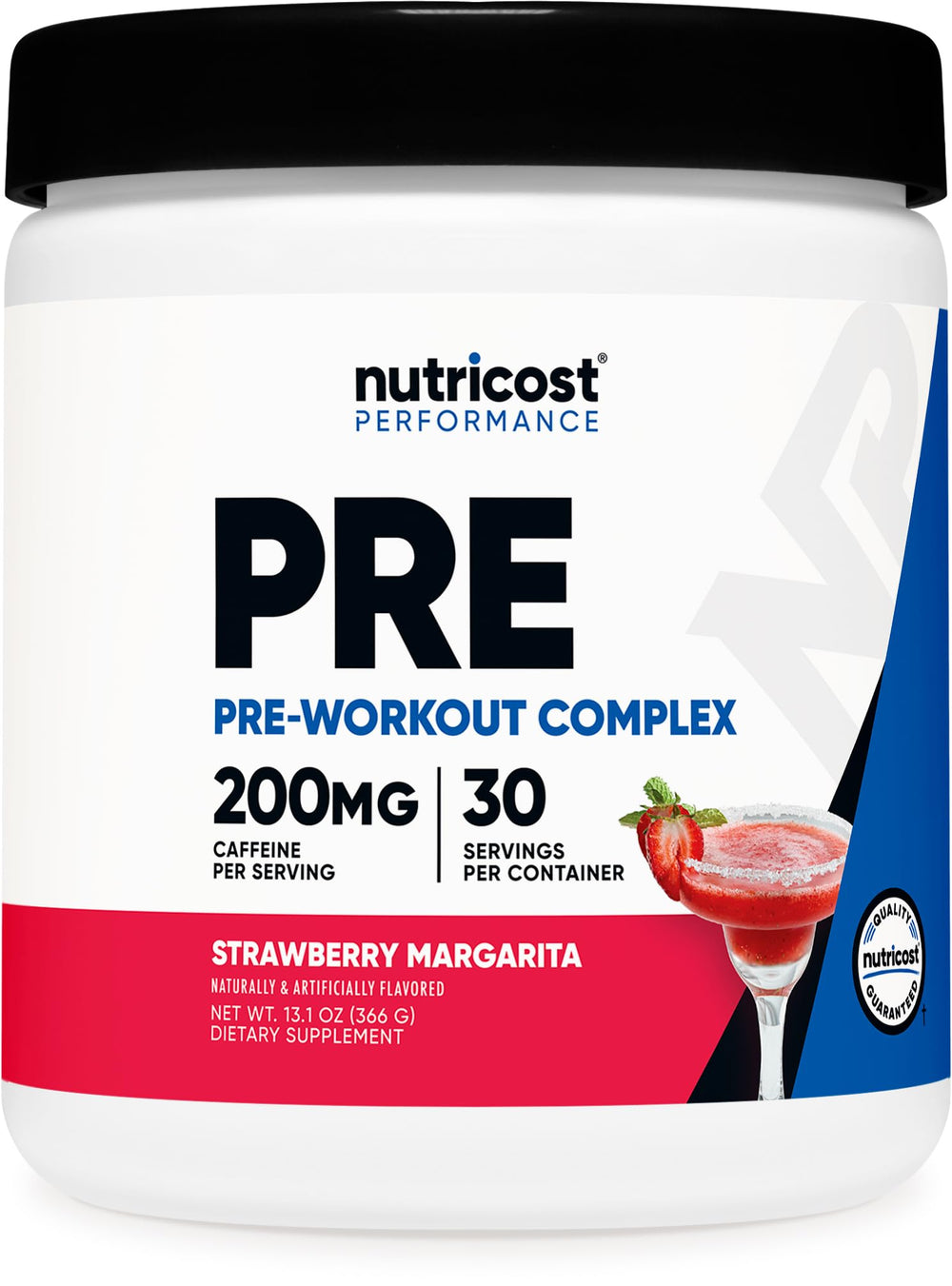 Nutricost Pre-Workout Strawberry Margarita tub boosts focus and energy before training.