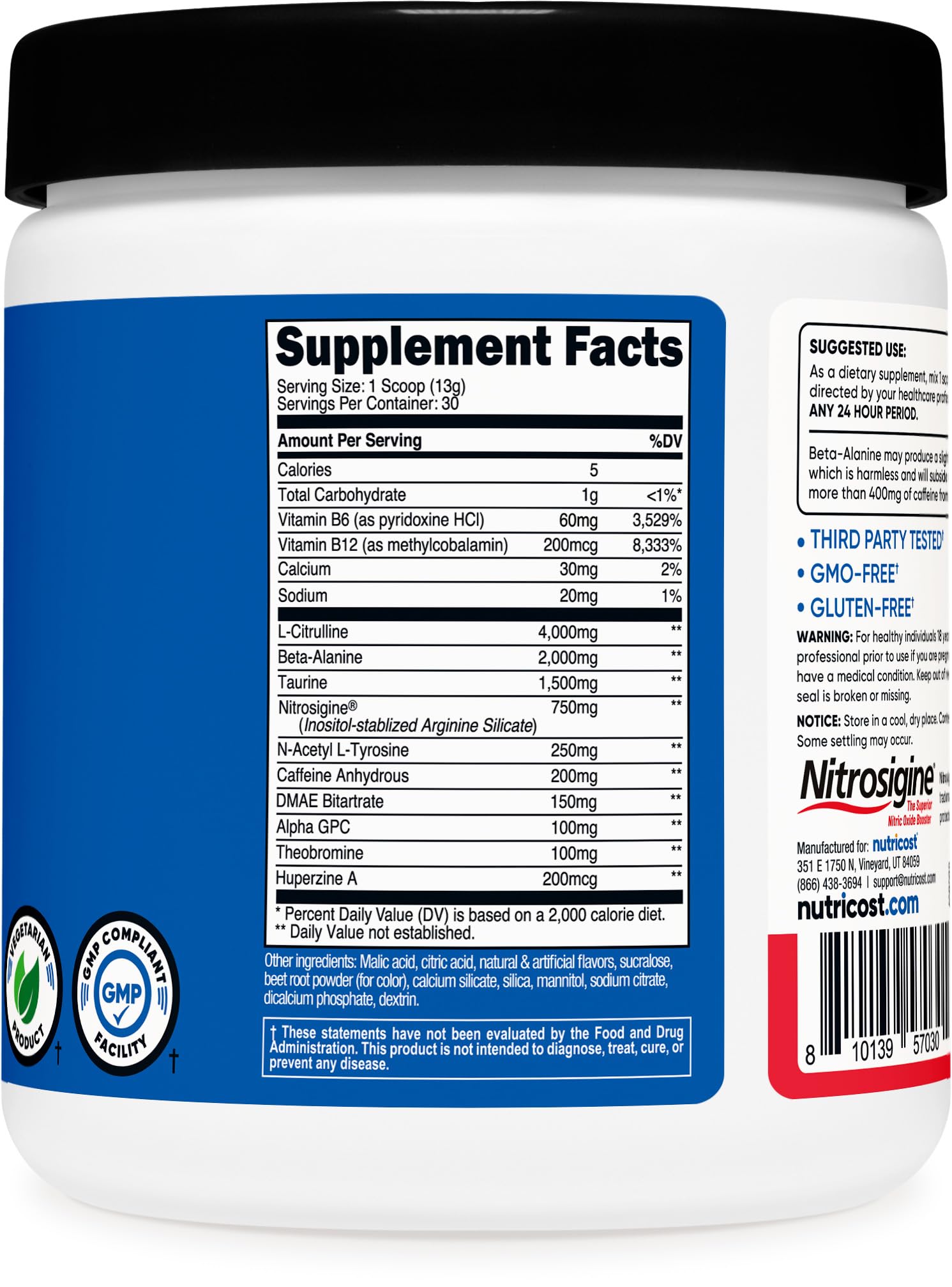 Nutricost Pre-Workout tub closeup highlights quality and third‑party testing