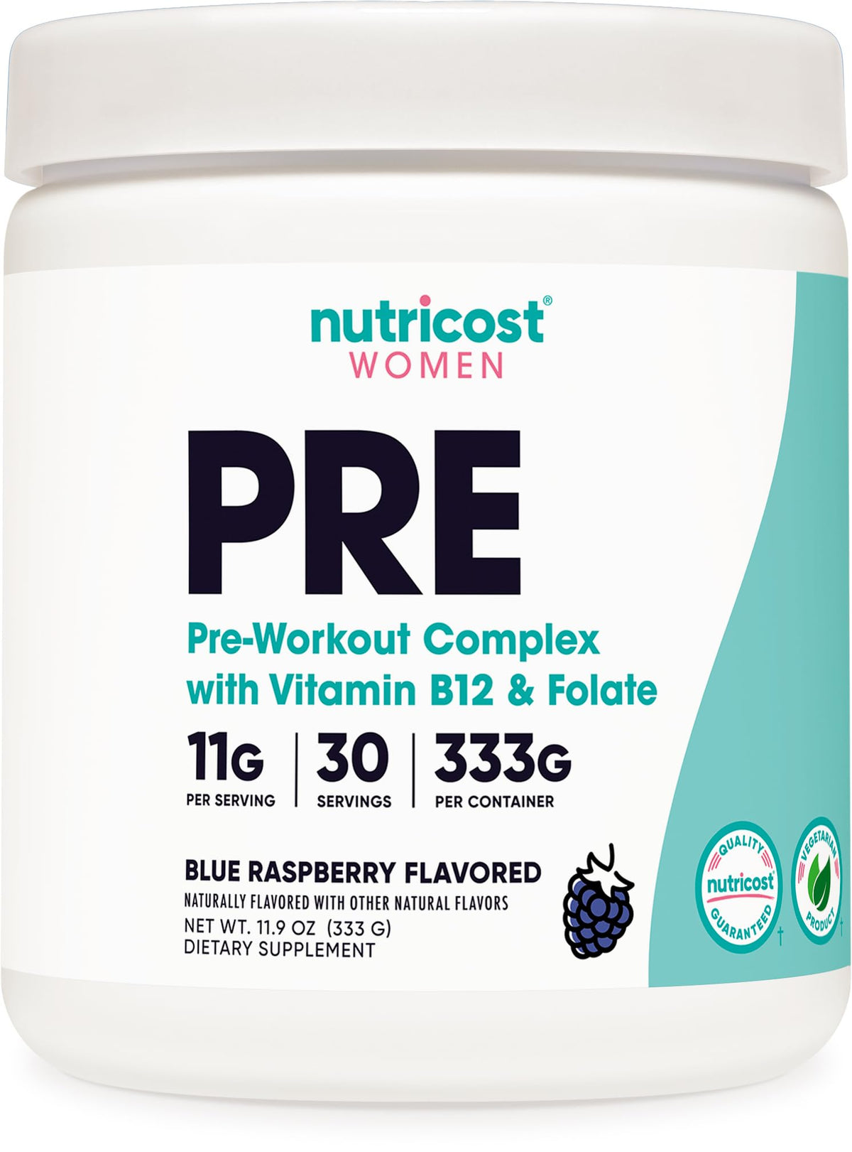 Nutricost pre-workout women blue raspberry tub ready for a workout boost