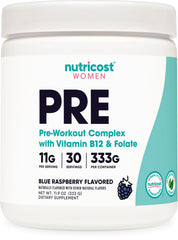 Nutricost pre-workout women blue raspberry tub ready for a workout boost