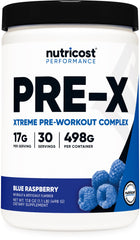 Nutricost Pre-X Xtreme blue raspberry bottle ready for workouts and energy