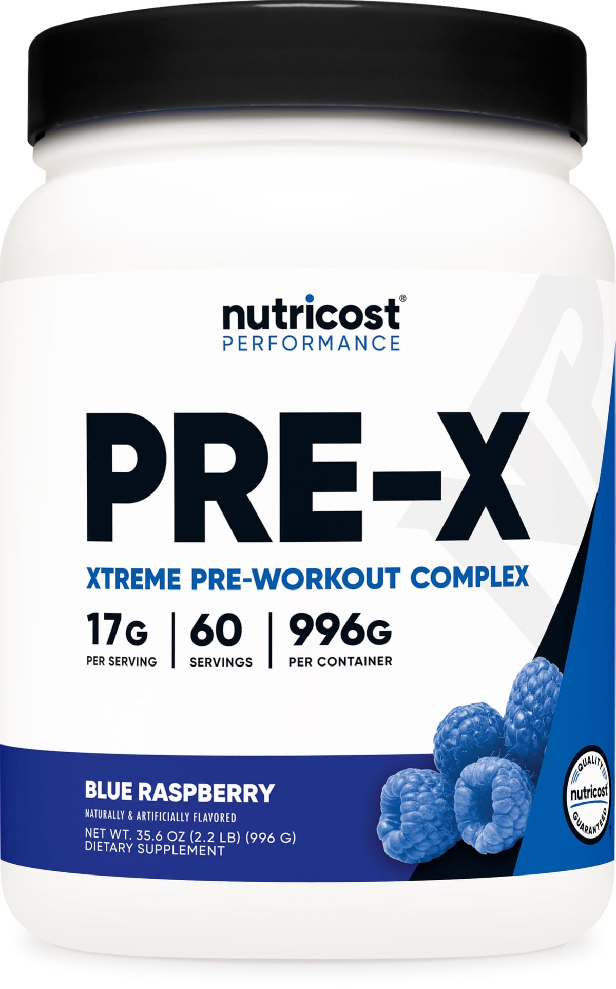 Nutricost Pre-X Xtreme blue raspberry label highlighting ingredients for energy and focus