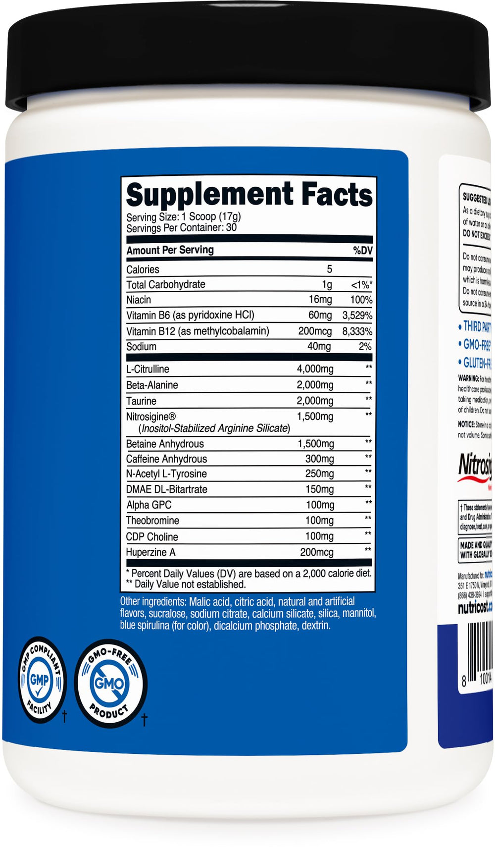 Close-up of Nutricost Pre-X Xtreme blue raspberry powder for easy mixing