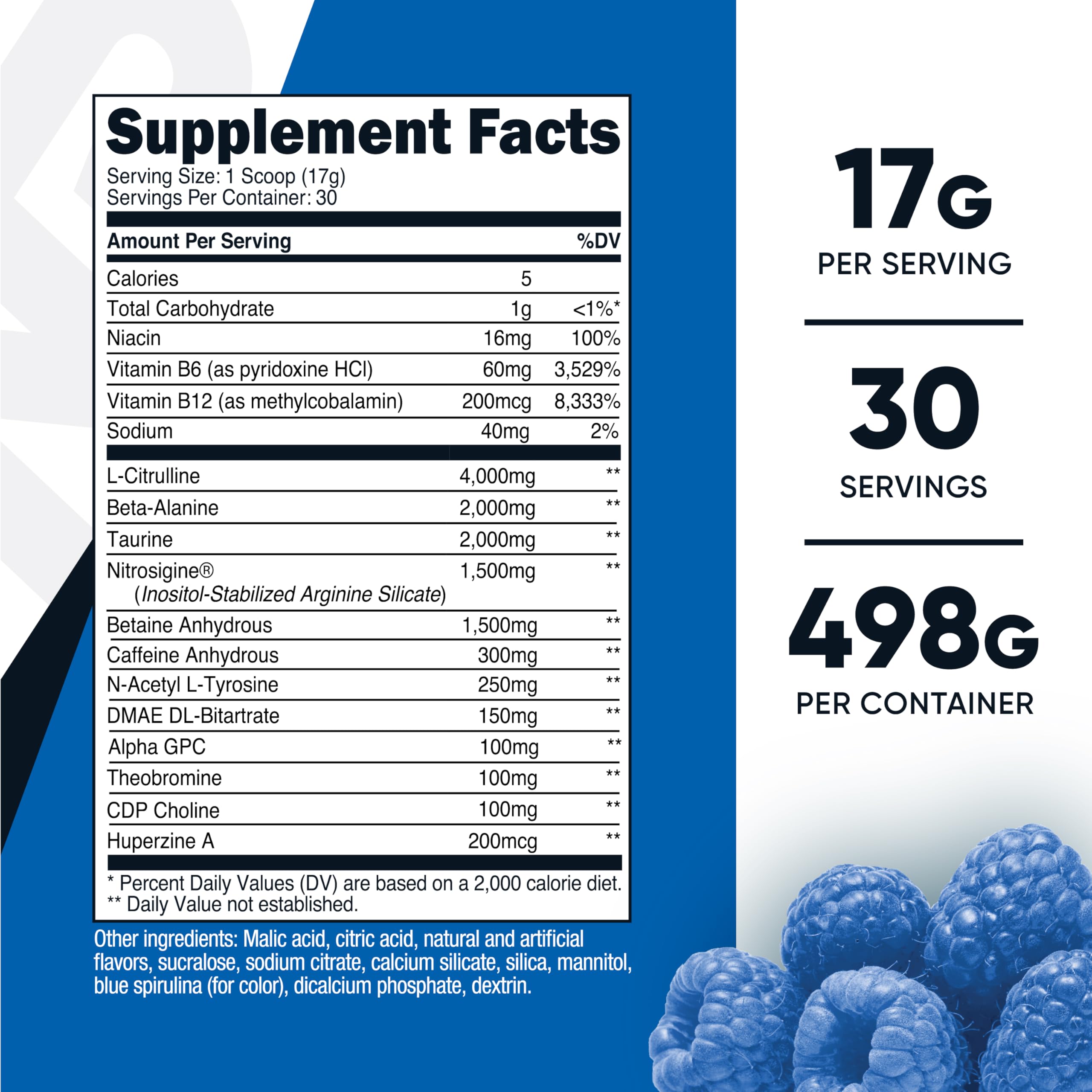 Nutricost Pre-X Xtreme blue raspberry scoop showing a 15 g serving