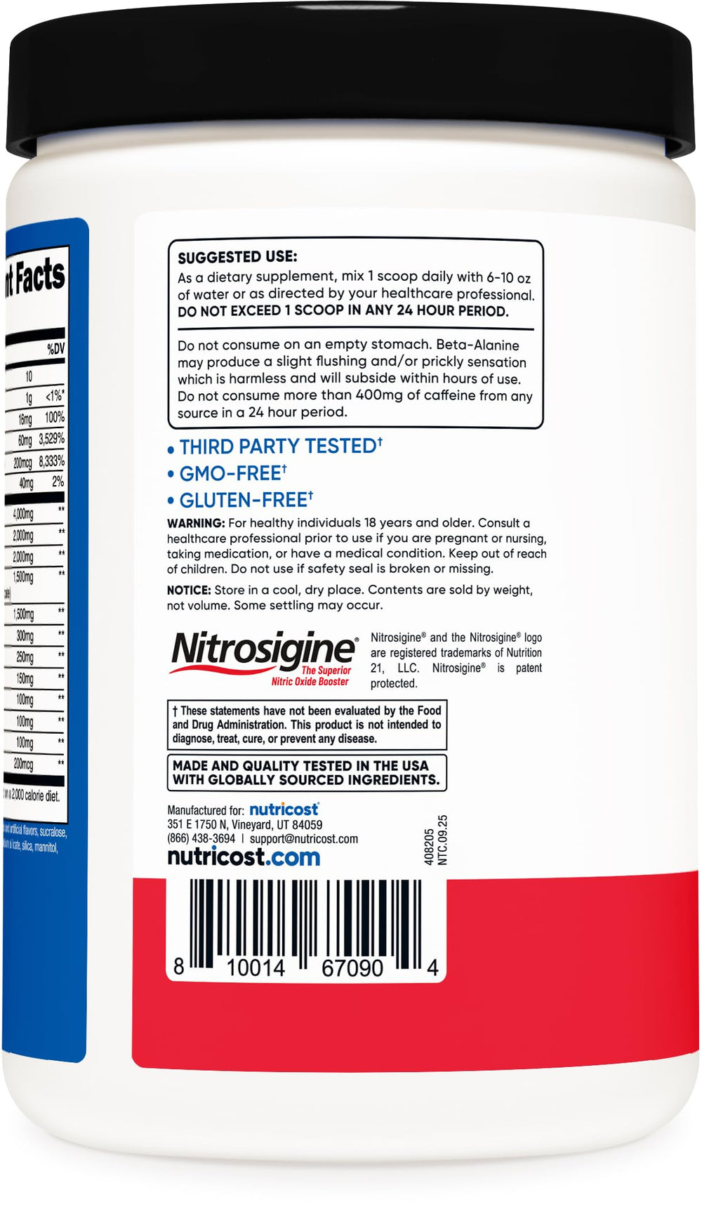 Ingredients panel on Nutricost Pre-X Xtreme showing L-Citrulline Malate and caffeine for energy.