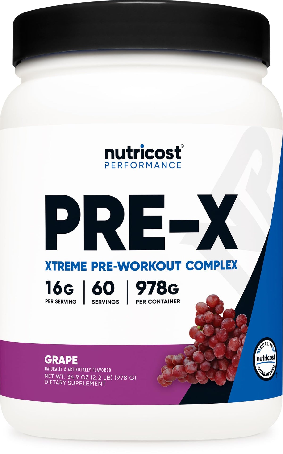 Nutricost Pre-X Xtreme grape powder tub front showing flavor and container