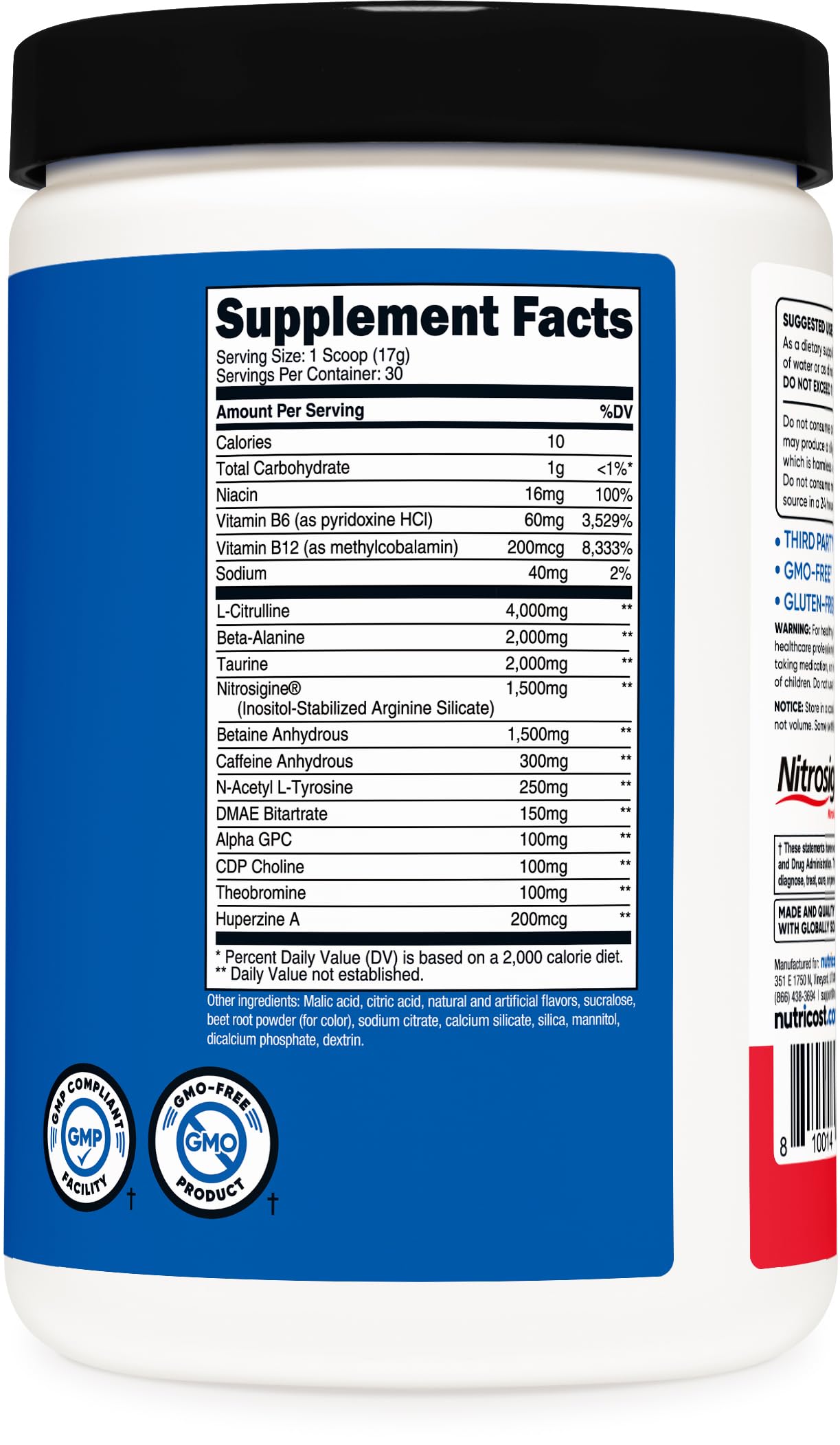 Tub and label of Nutricost Pre-X Xtreme in gym environment for focus.