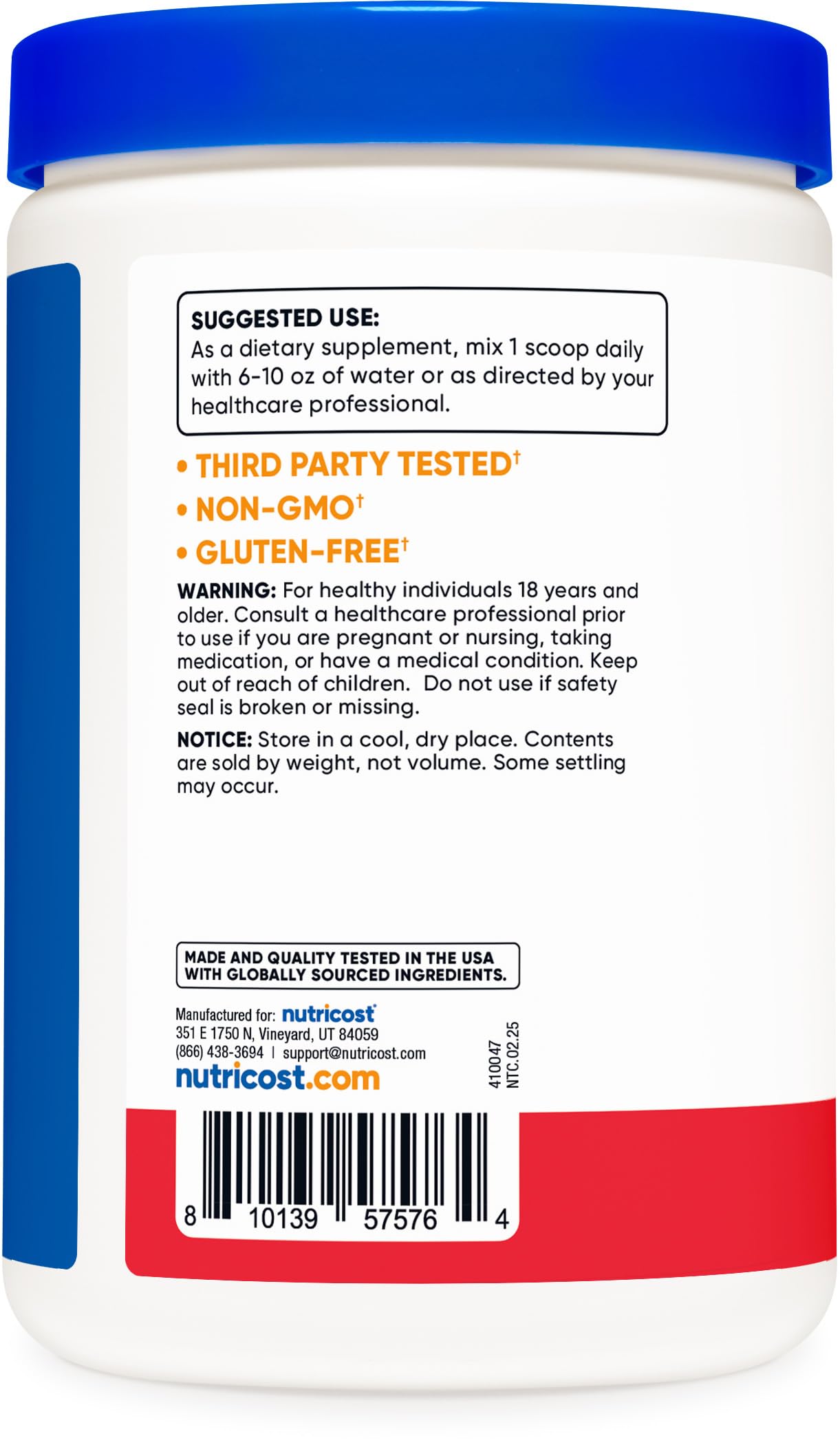 Nutricost Prebiotic Fiber fruit punch label highlights gluten-free and GMO-free features