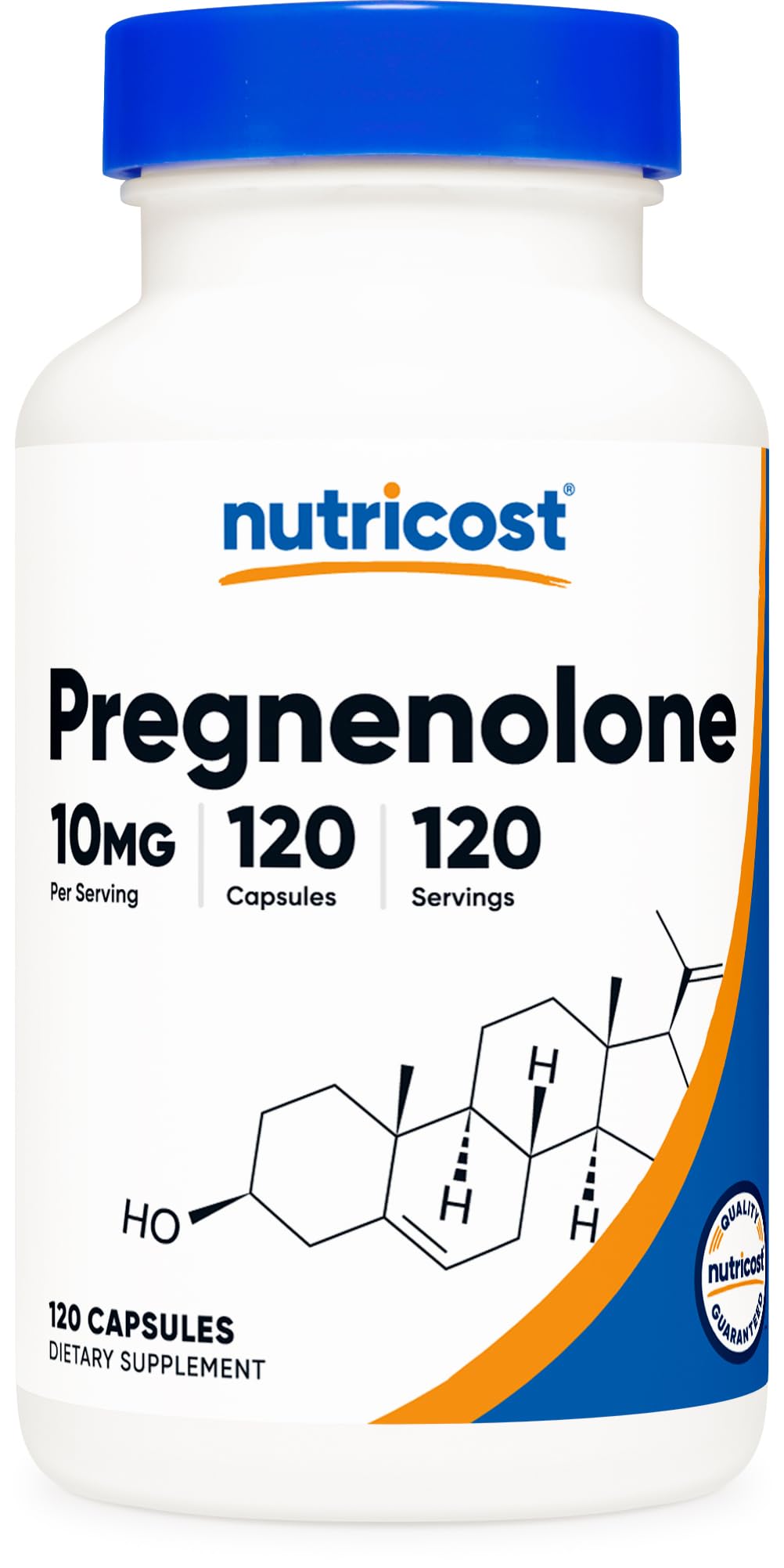 Nutricost Pregnenolone 10mg bottle shown with easy-to-swallow capsules for daily use