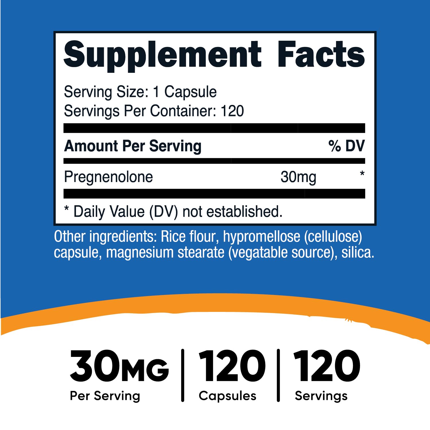 Closeup of Nutricost Pregnenolone capsules showing plant-based veggie shells.