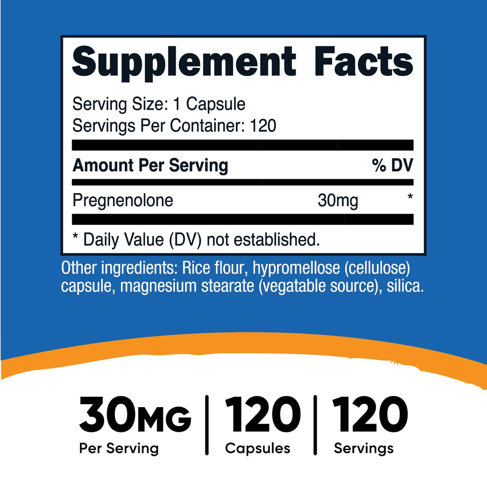 Closeup of Nutricost Pregnenolone capsules showing plant-based veggie shells.
