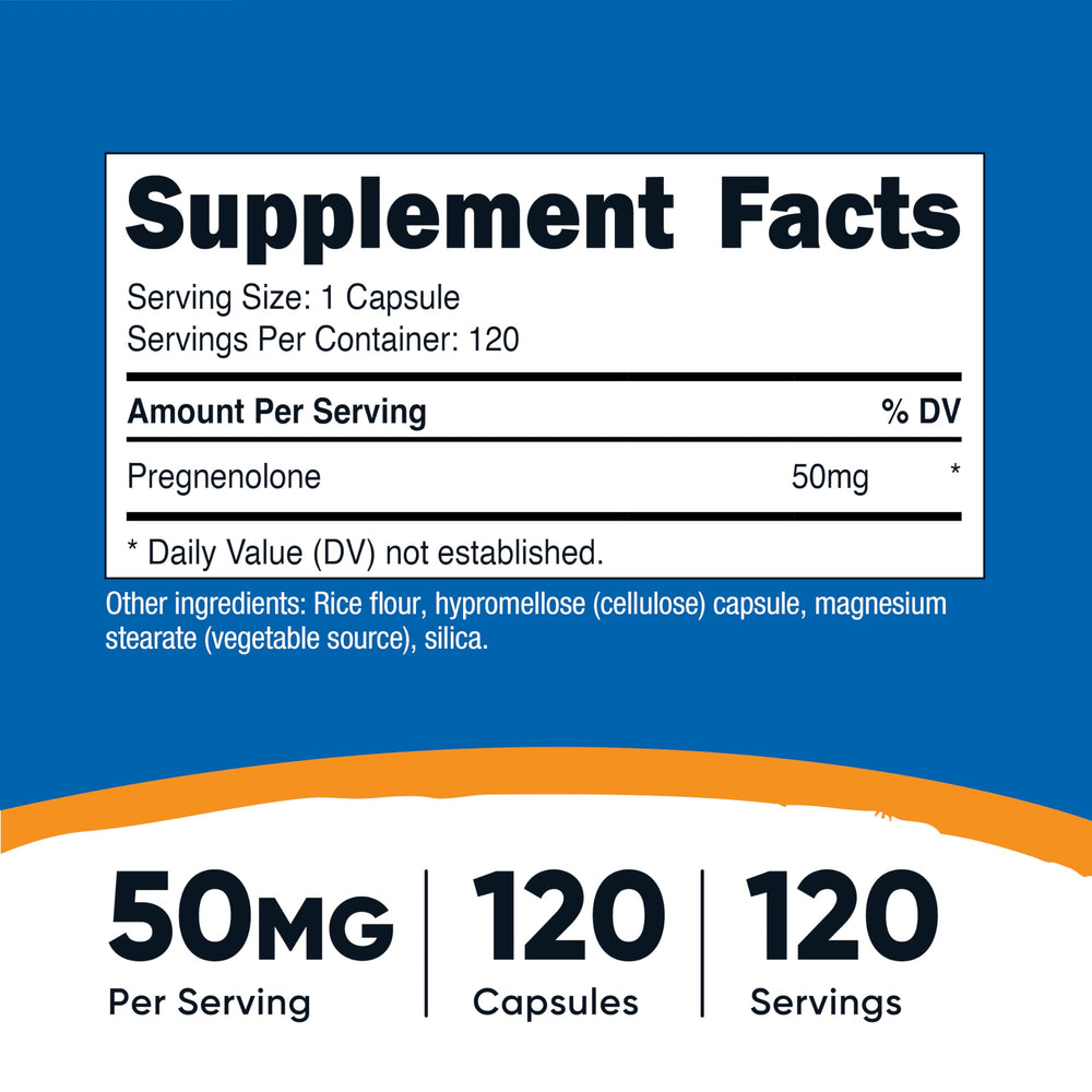 Close-up of Nutricost Pregnenolone capsules showing plant-based veggie shells.