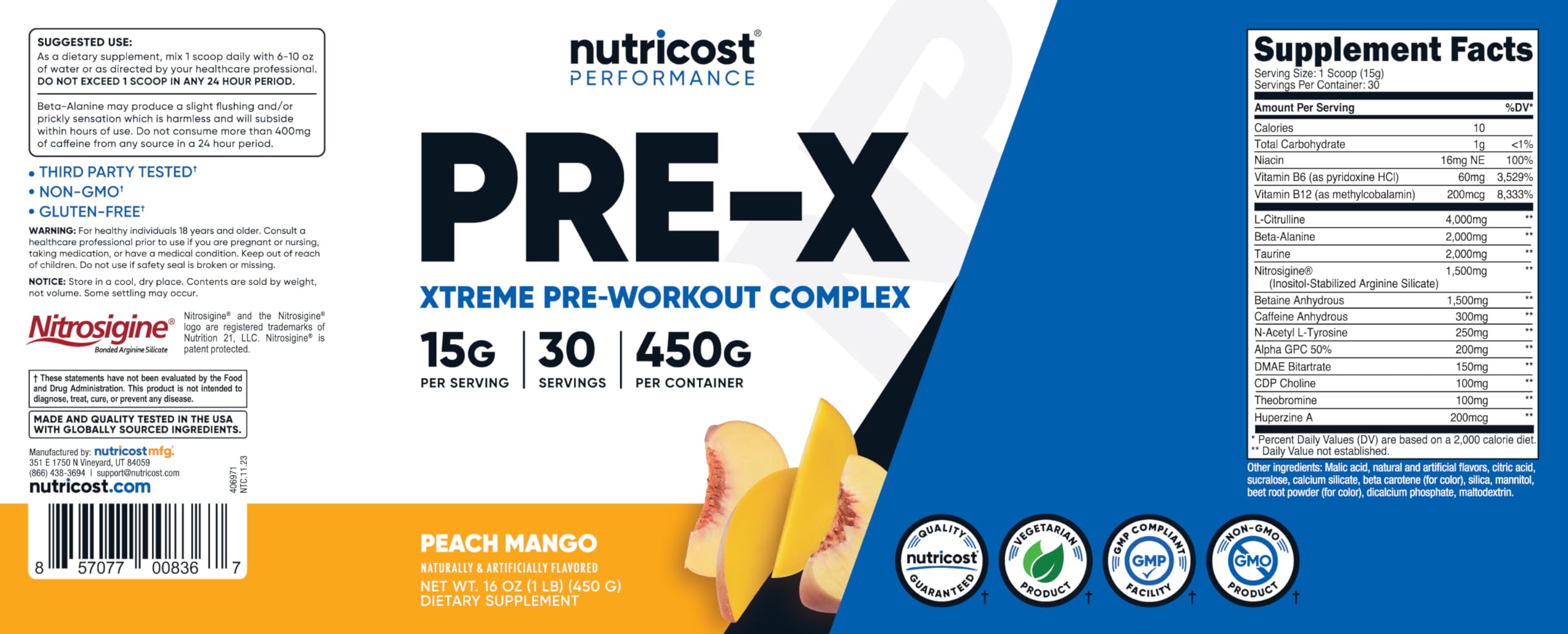 Glass of peach mango Nutricost Pre-X Xtreme mixed and ready