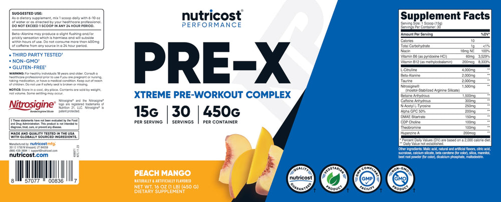 Glass of peach mango Nutricost Pre-X Xtreme mixed and ready