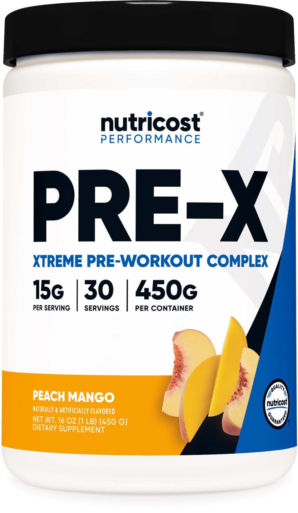 Nutricost Pre-X Xtreme Peach Mango tub showcasing the pre-workout flavor and packaging