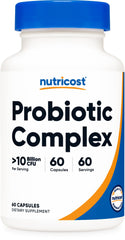 Nutricost Probiotic Complex bottle with 10 Billion CFU for daily gut support.
