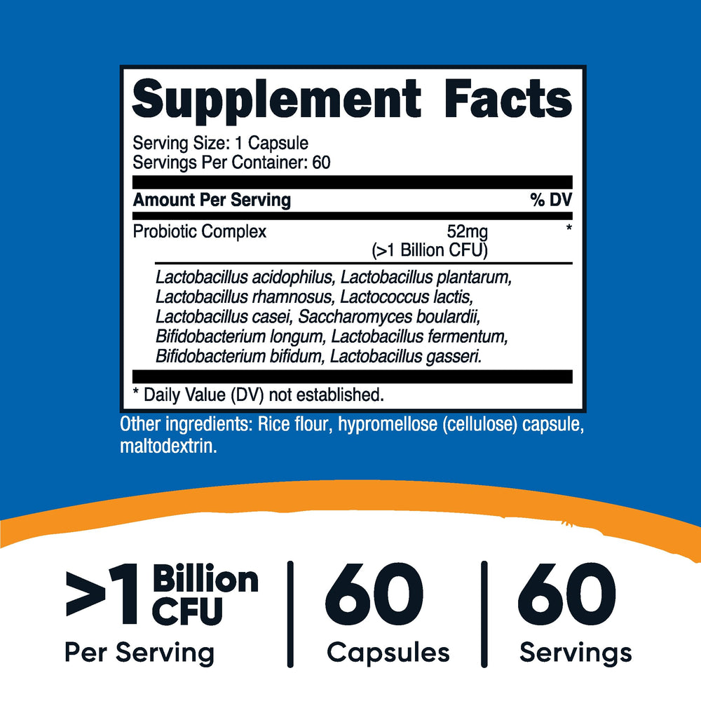 Close-up of Nutricost Probiotic Complex capsules for convenient daily use.