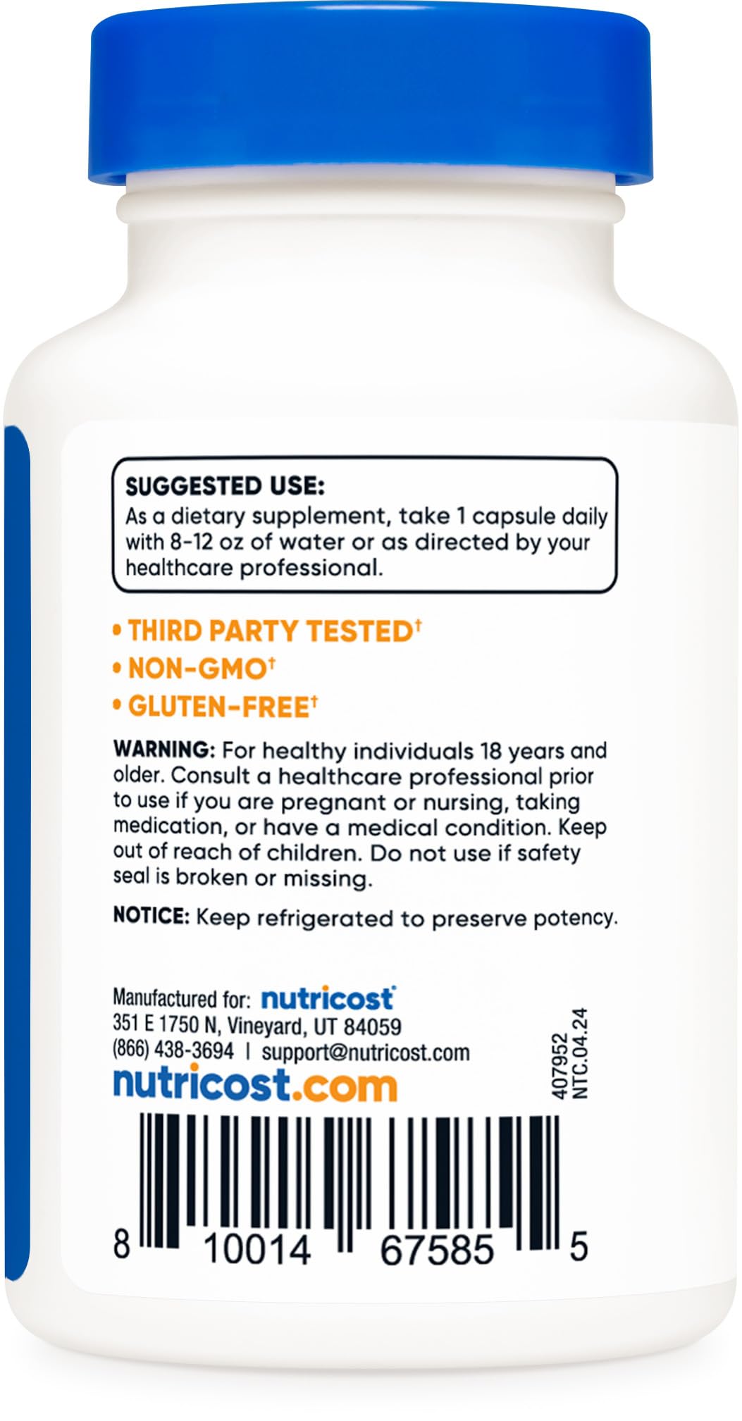 Nutricost Probiotic Complex packaging highlighting Non-GMO and gluten free.