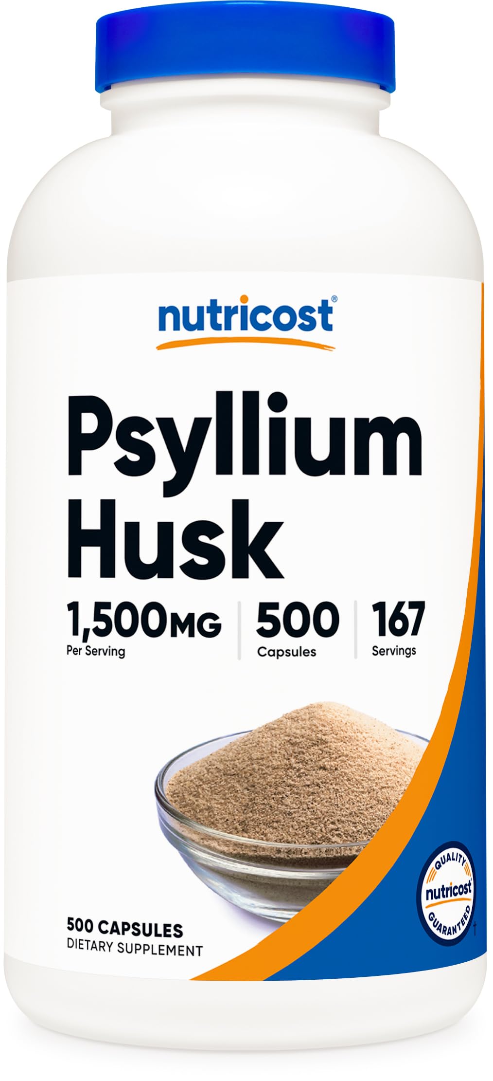 Nutricost Psyllium Husk bottle with 500 capsules for daily fiber.