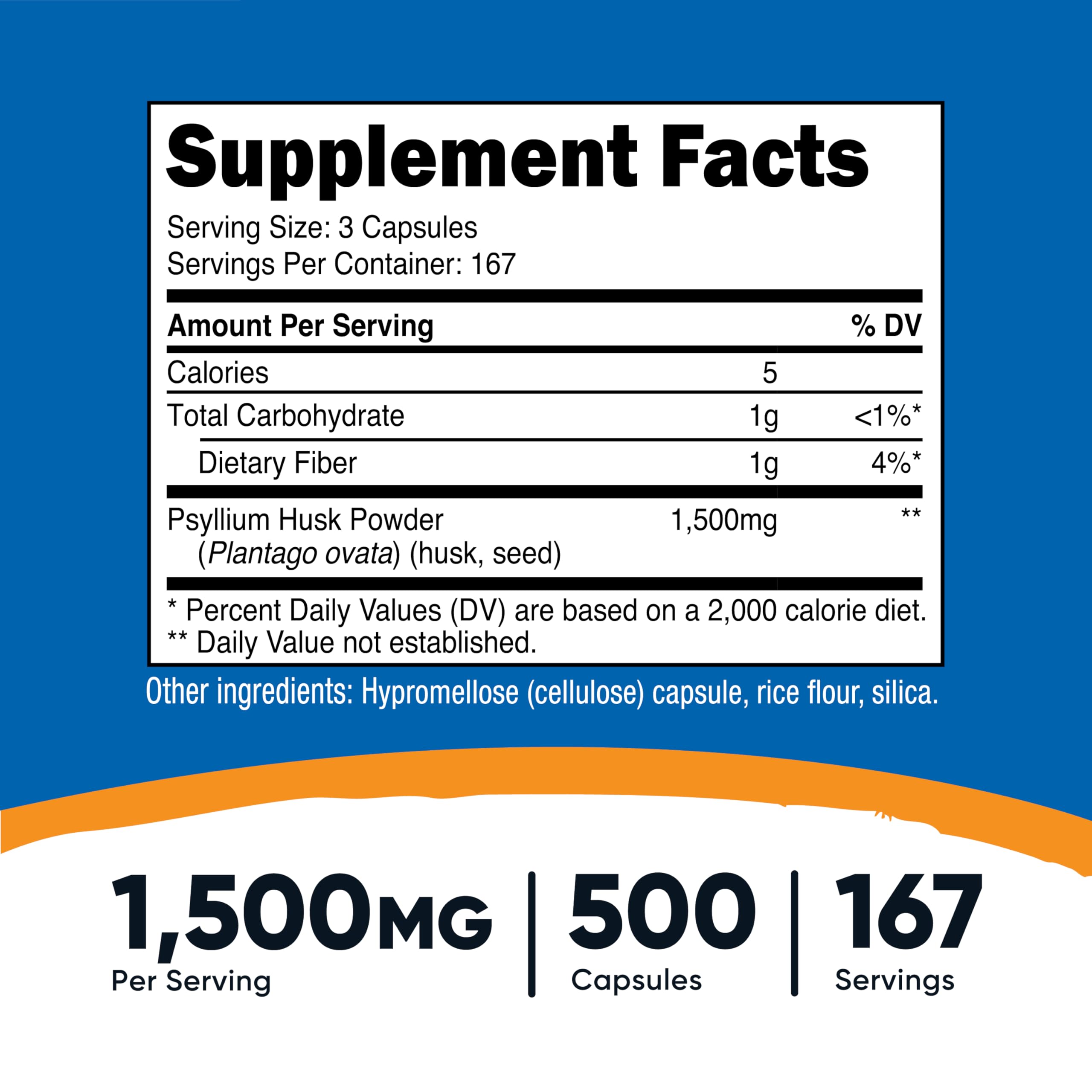 Close-up of Nutricost psyllium husk capsules for easy swallowing.