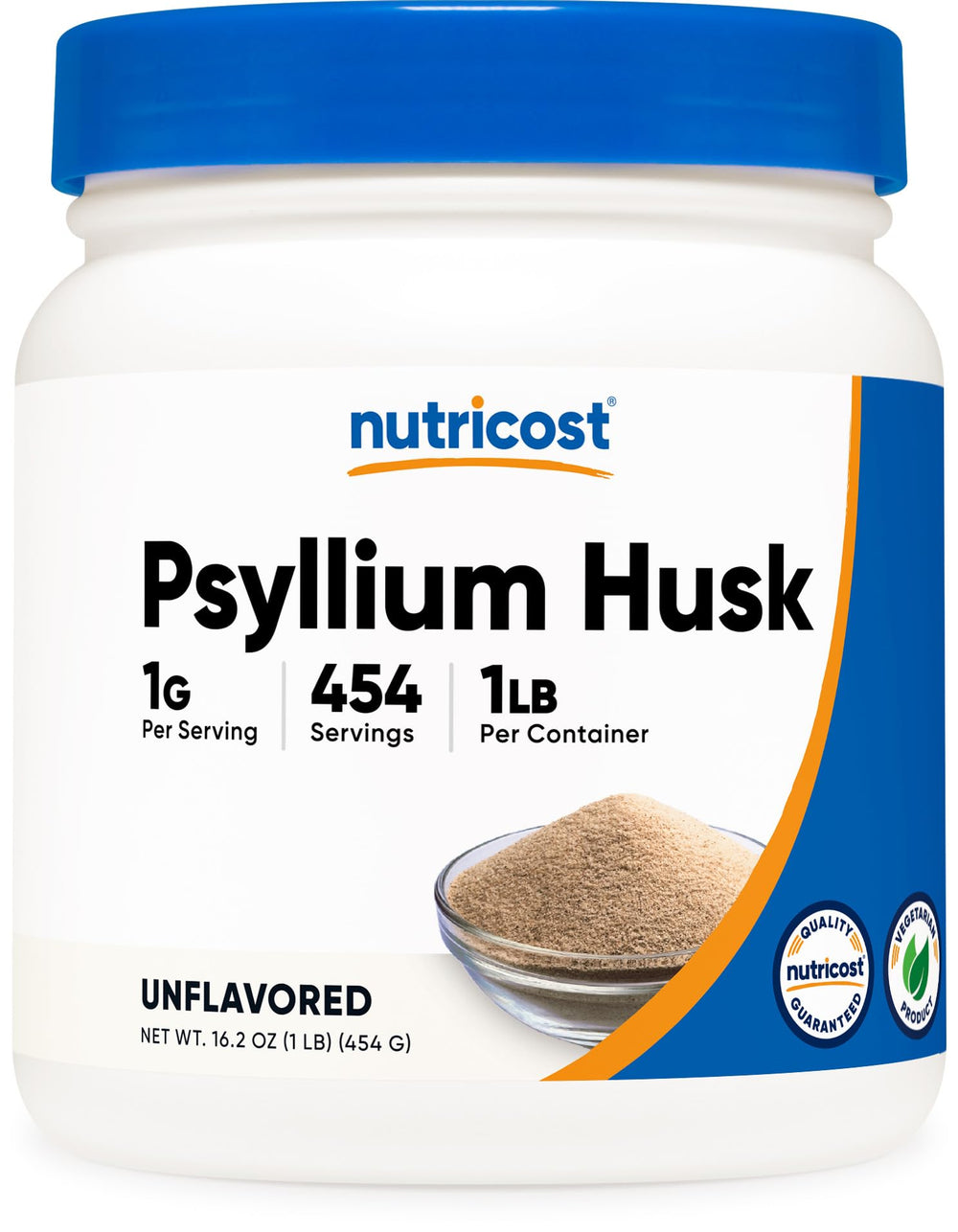 Nutricost psyllium husk powder bag shows gluten free, high fiber option for daily nutrition.
