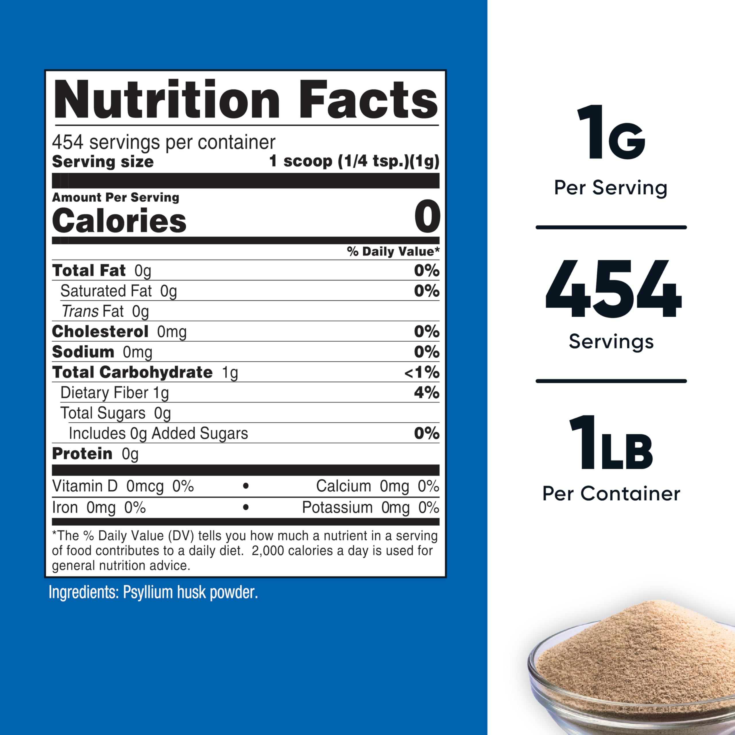Nutricost psyllium powder scoop beside tub, convenient for measuring fiber intake.