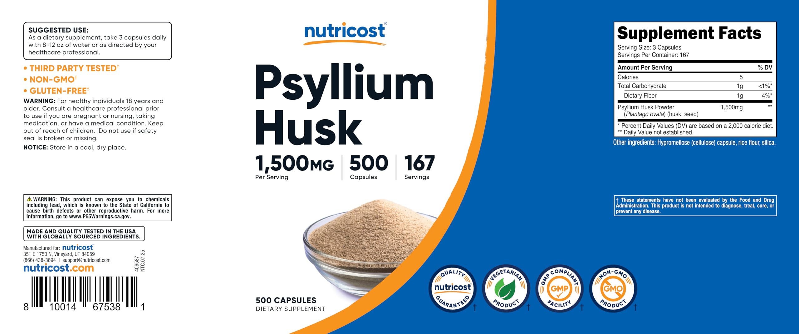 Packaging front view of Nutricost Psyllium Husk with serving details.