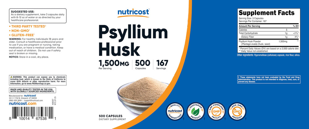 Packaging front view of Nutricost Psyllium Husk with serving details.