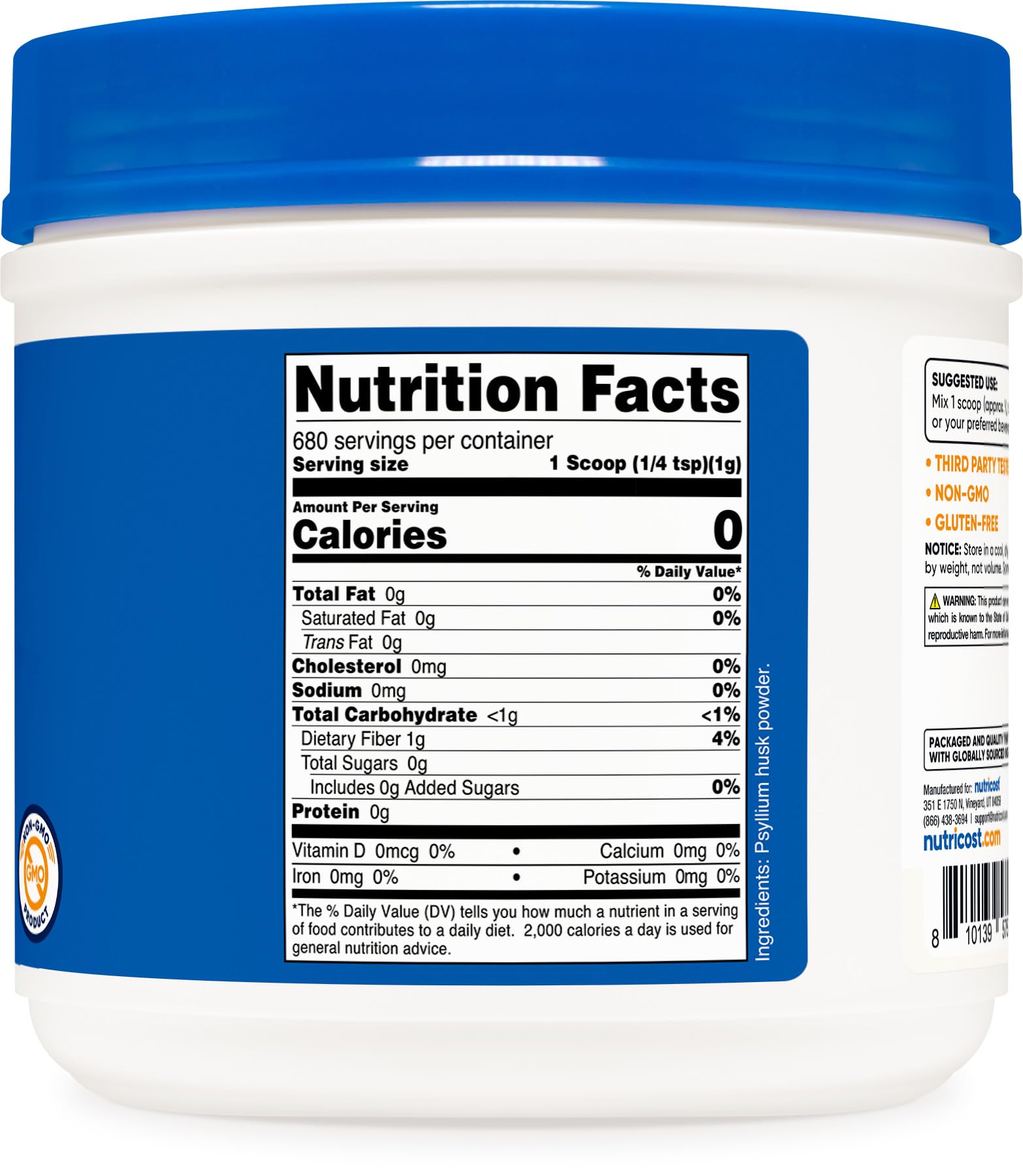 Nutricost psyllium husk powder in a shaker with smoothie shows convenient use.