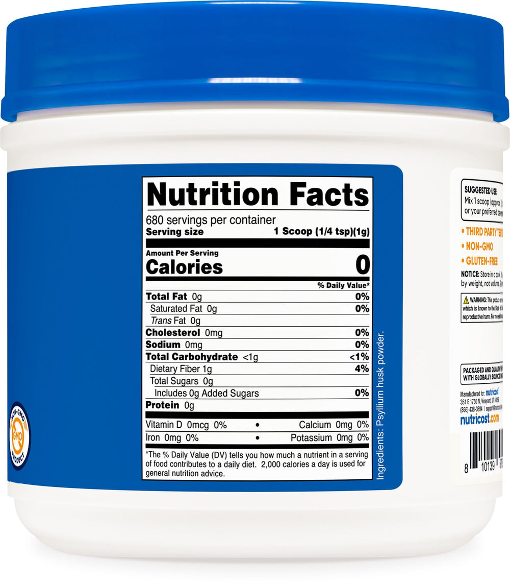 Nutricost psyllium husk powder in a shaker with smoothie shows convenient use.