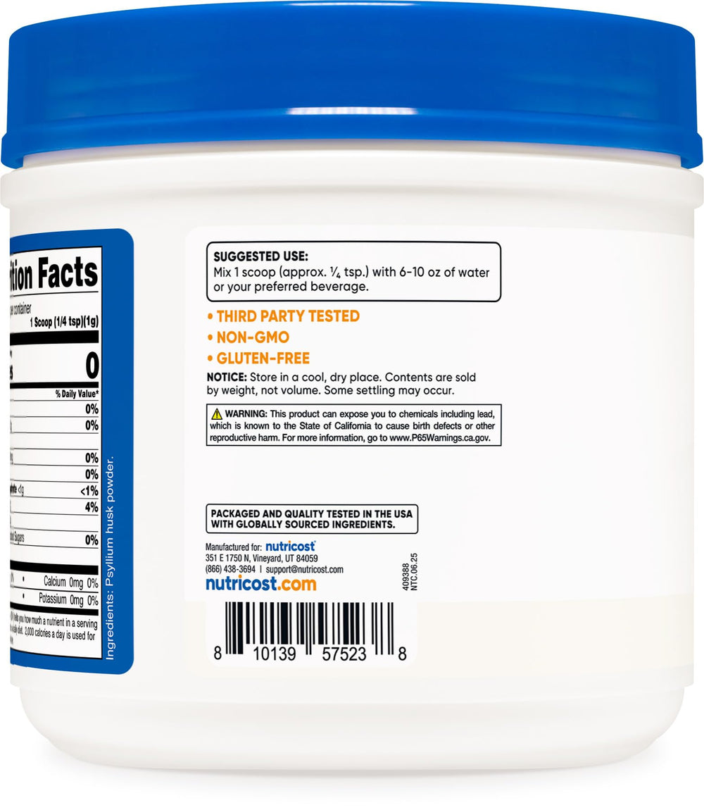 Nutricost psyllium husk powder NSF-certified facility label supports quality control.