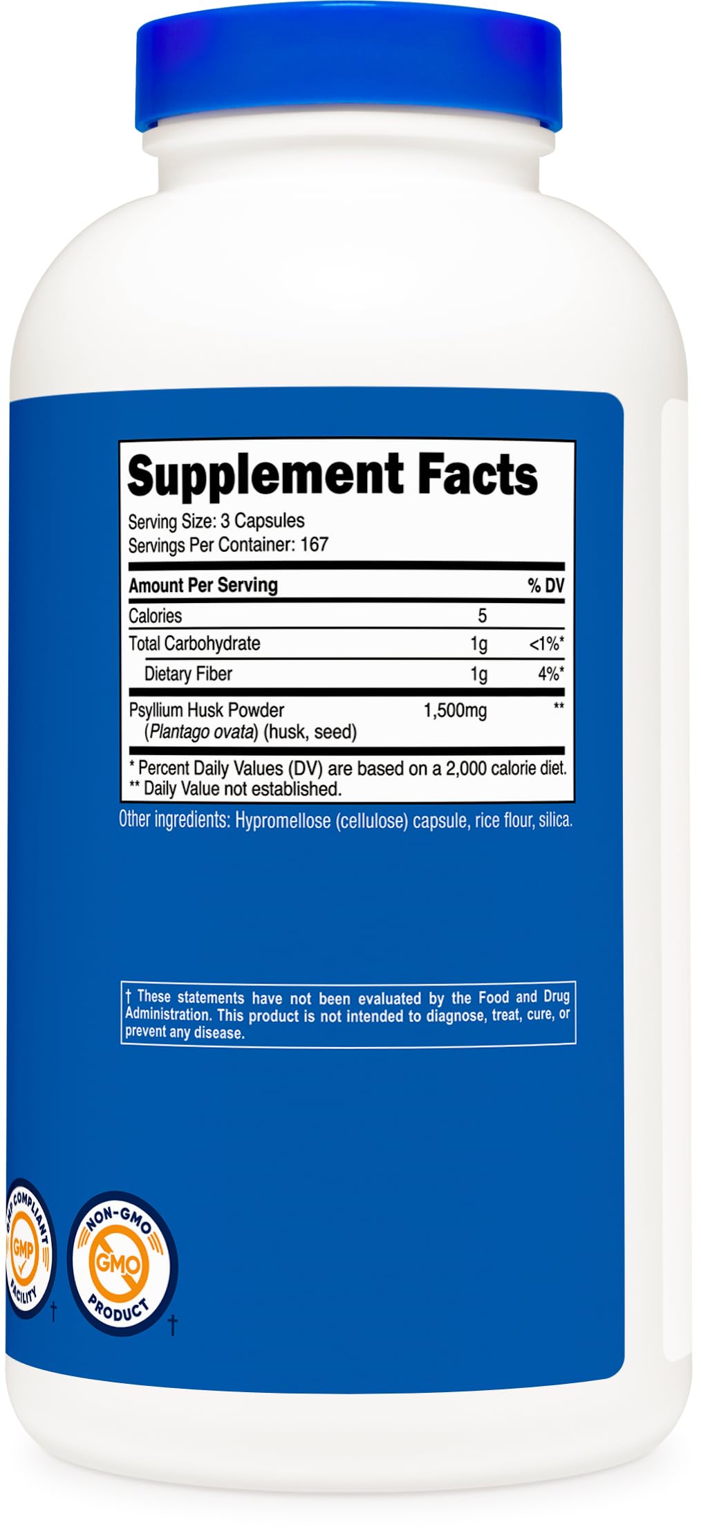 Nutricost Psyllium Husk bottle emphasizes quality manufacturing standards.