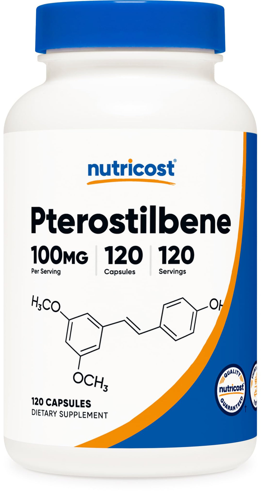 Nutricost Pterostilbene bottle label showing 120 capsules for daily supplementation.