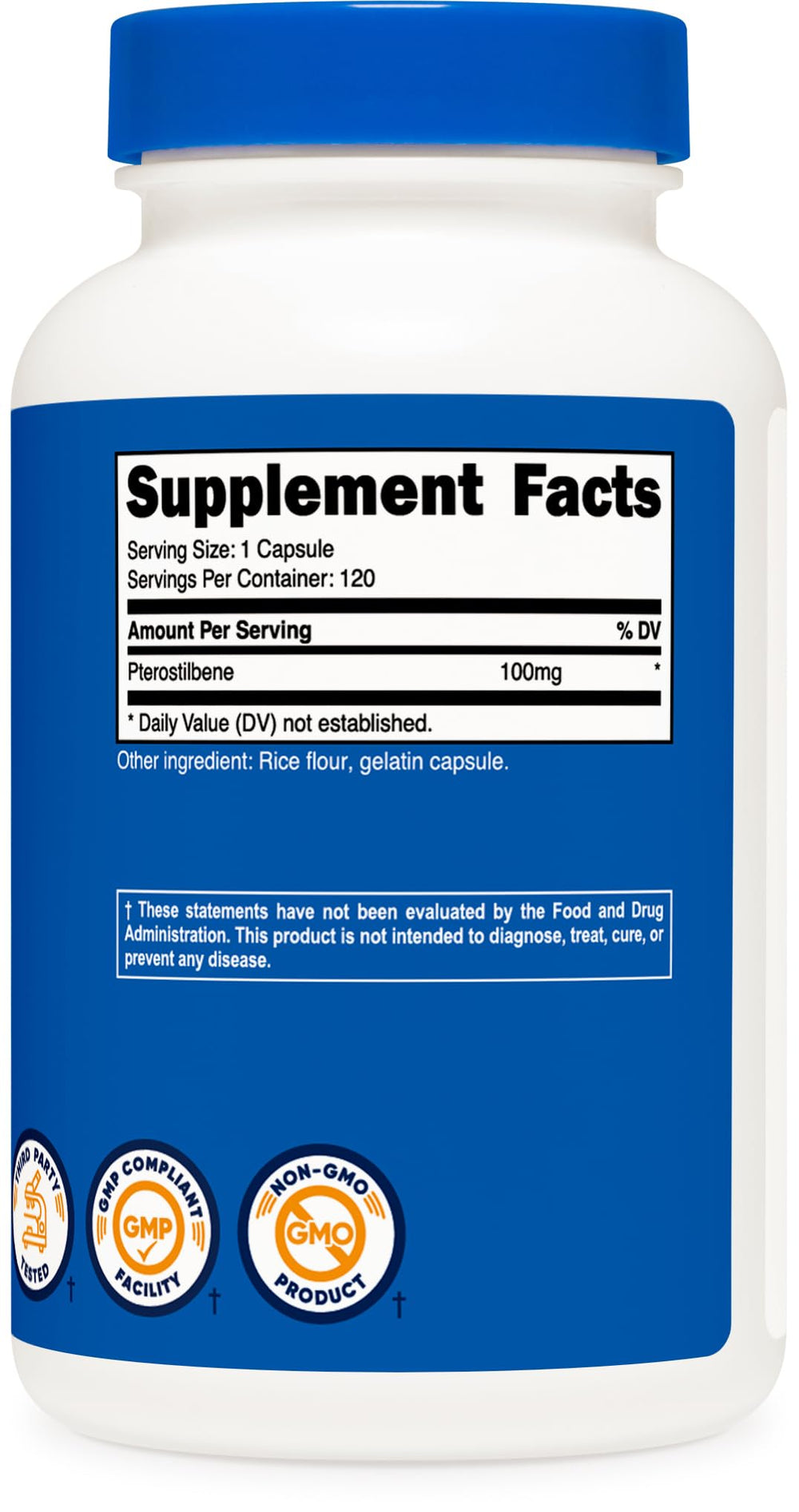 Nutricost Pterostilbene ingredients panel shows non-GMO, gluten-free formula.