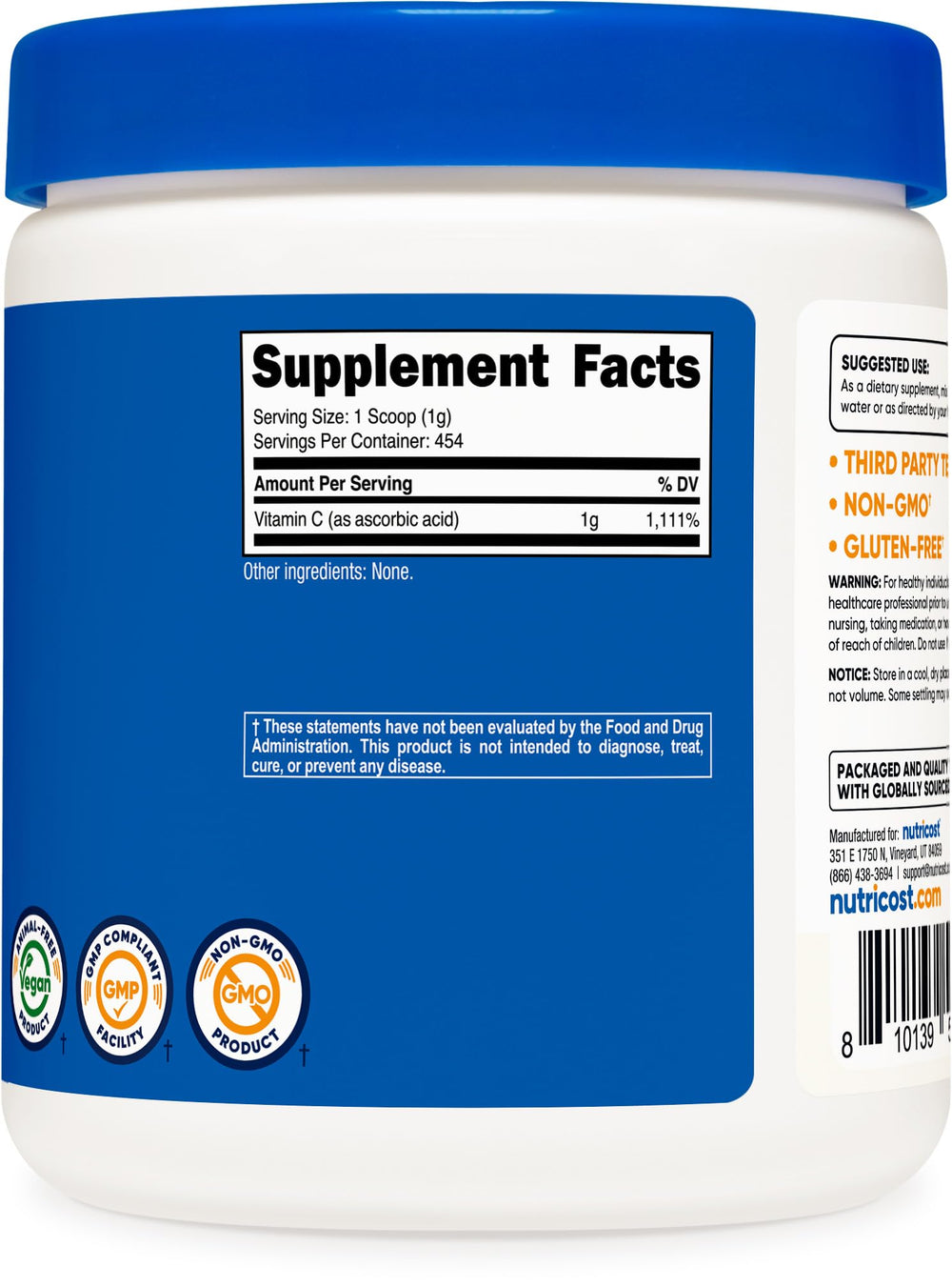 Nutricost pure ascorbic acid powder glass jar – convenient storage for daily use.