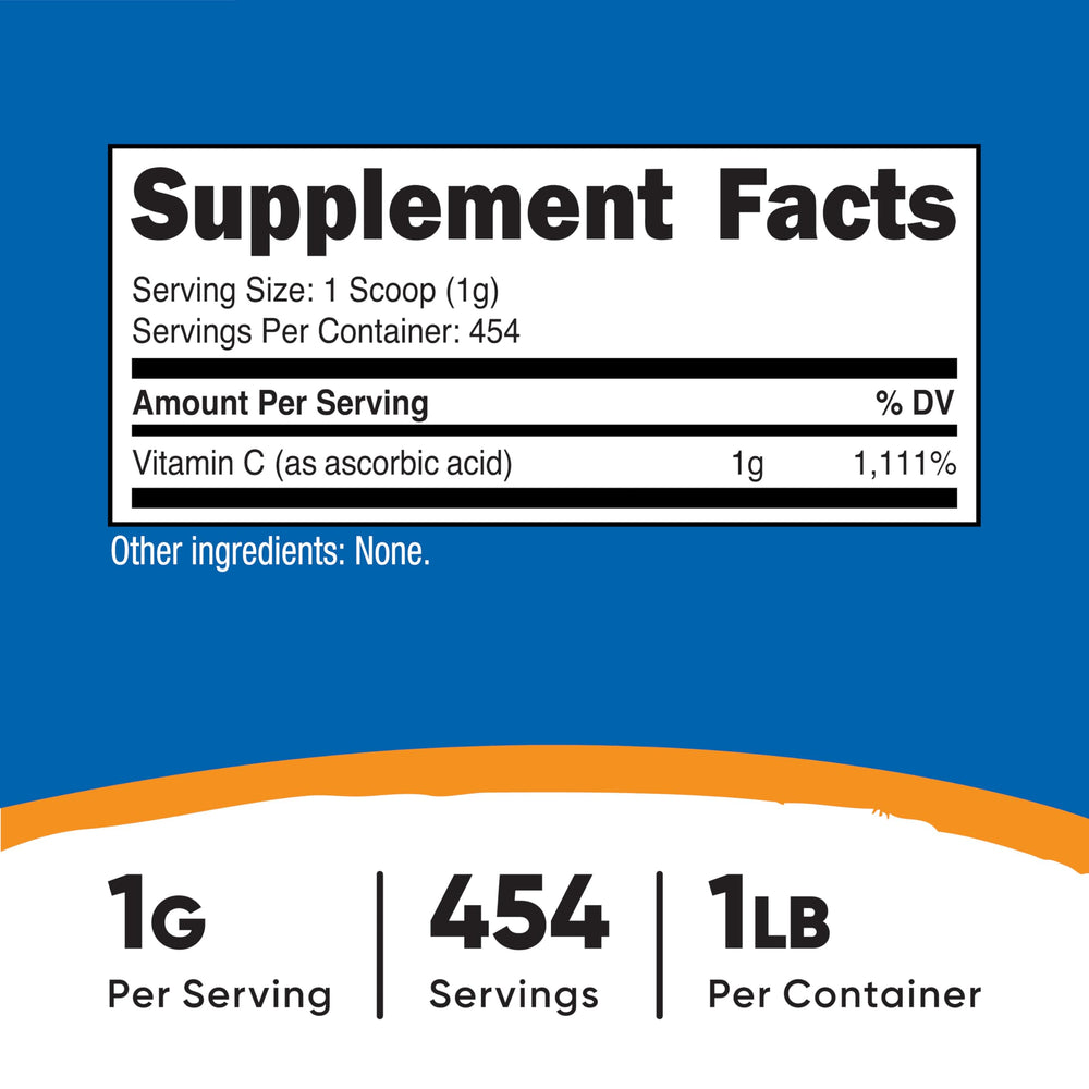 Nutricost ascorbic acid powder scoop – precise 1 gram serving for easy dosing.