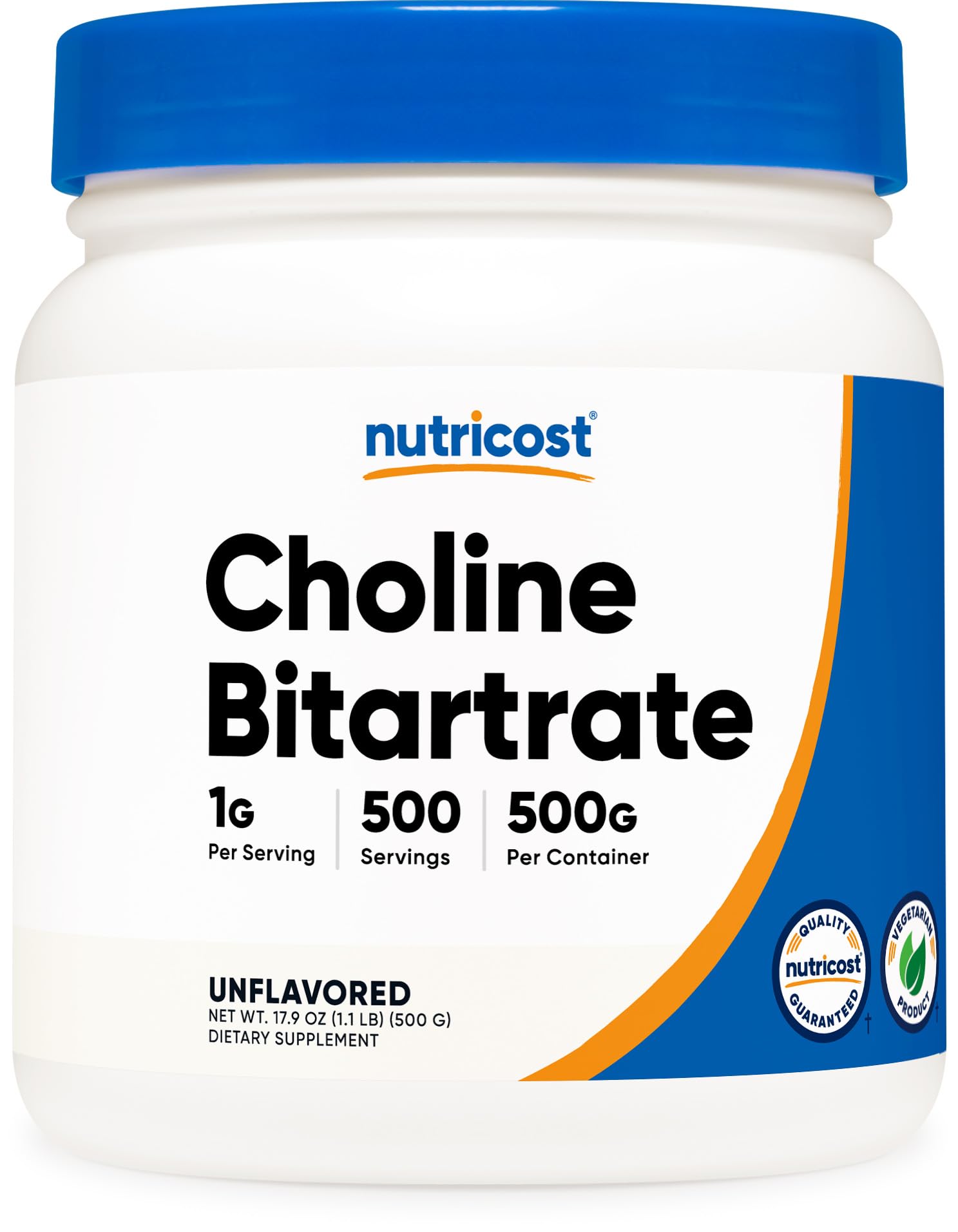Nutricost Pure Choline Bitartrate Bottle with high-purity powder for daily use.