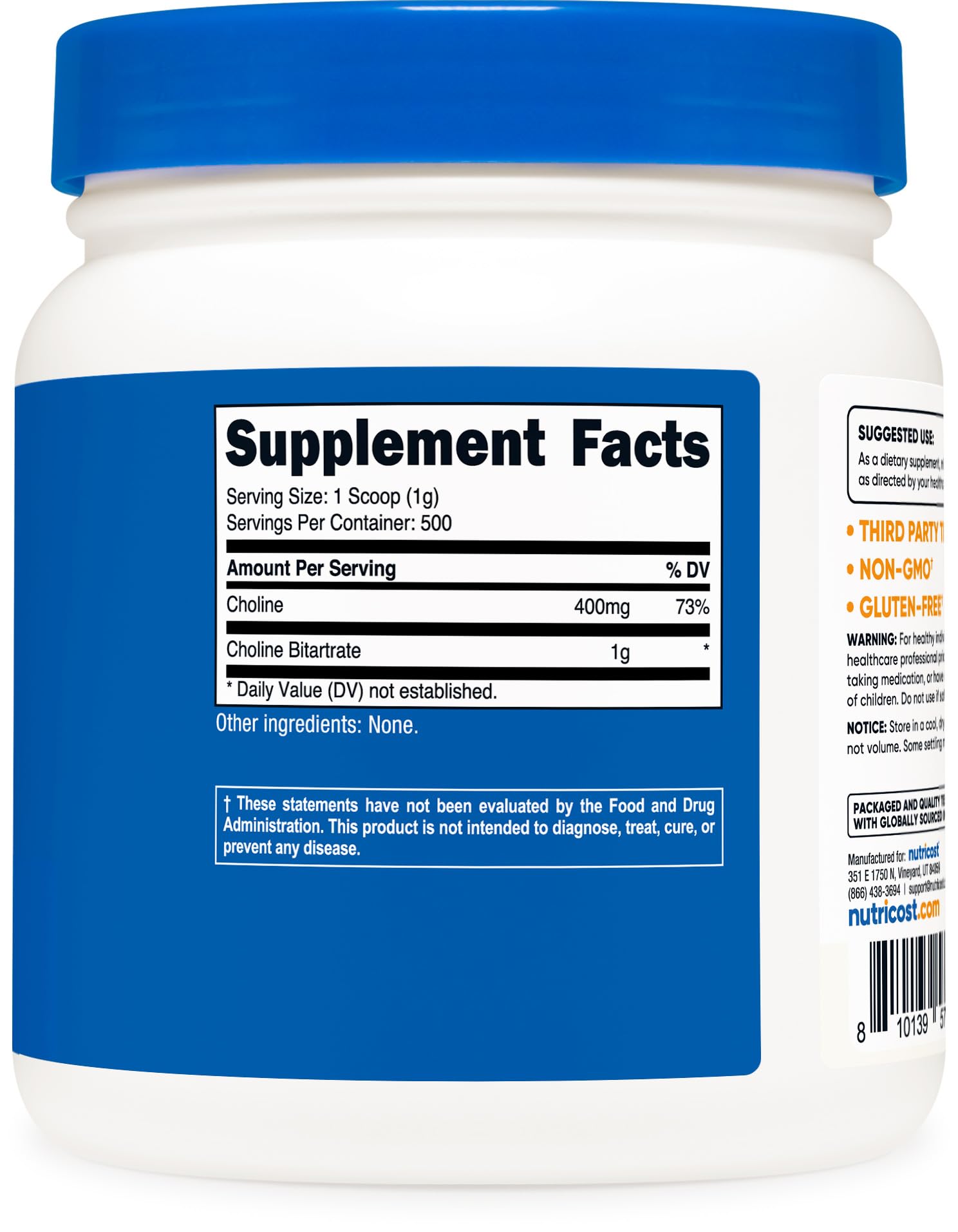 Gluten-free, non-GMO choline bitartrate powder produced in a GMP facility.