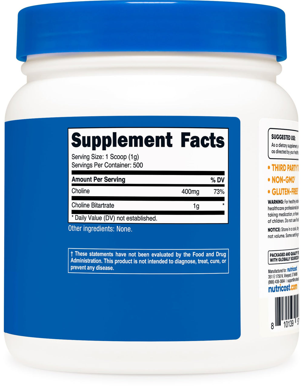 Gluten-free, non-GMO choline bitartrate powder produced in a GMP facility.
