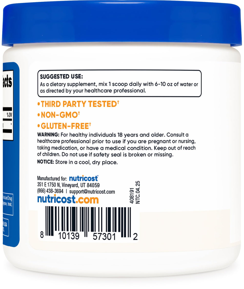 Nutricost DMAE-Bitartrate powder label shows ingredients; trusted quality and GMP standards