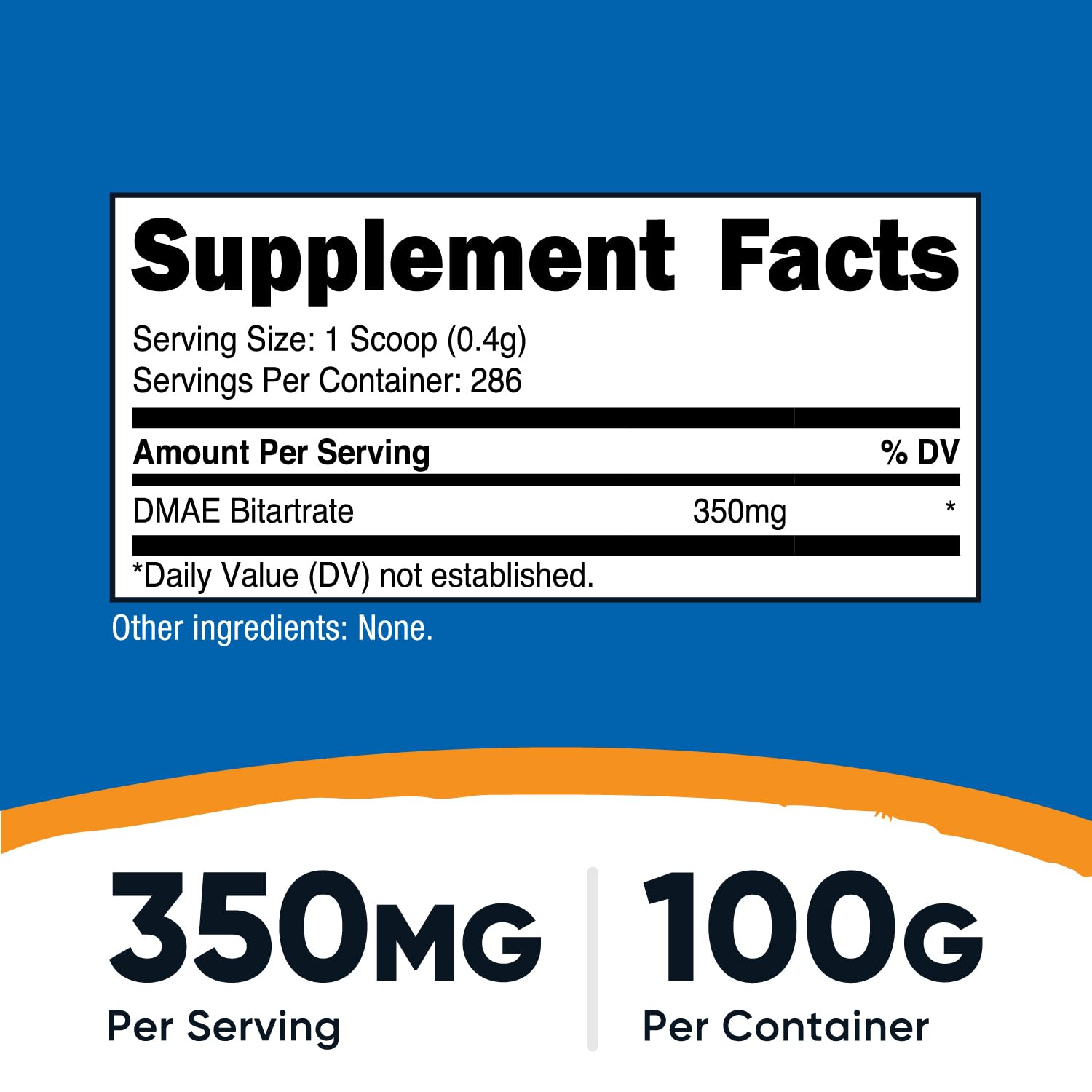 Nutricost DMAE-Bitartrate powder bottle closeup; clean, high-quality supplement in GMP facility