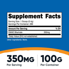 Nutricost DMAE-Bitartrate powder bottle closeup; clean, high-quality supplement in GMP facility