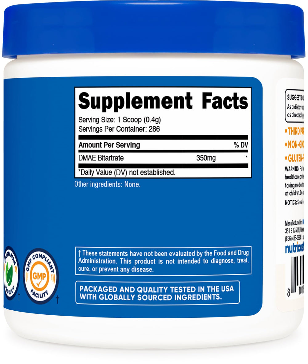 Nutricost Pure DMAE-Bitartrate powder with scoop; convenient measuring for precise servings