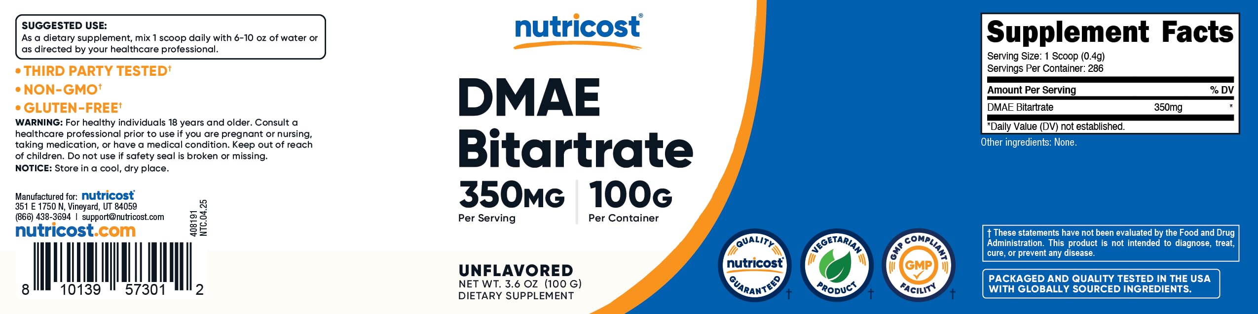 Nutricost DMAE-Bitartrate powder usage glass; easy dosing for daily routines