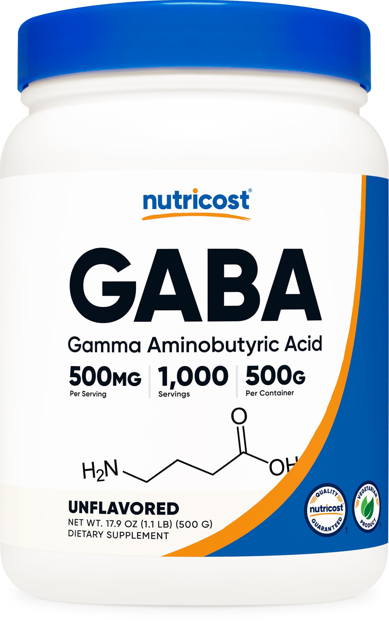 Nutricost Pure GABA 500G bottle front for calm evenings and purity