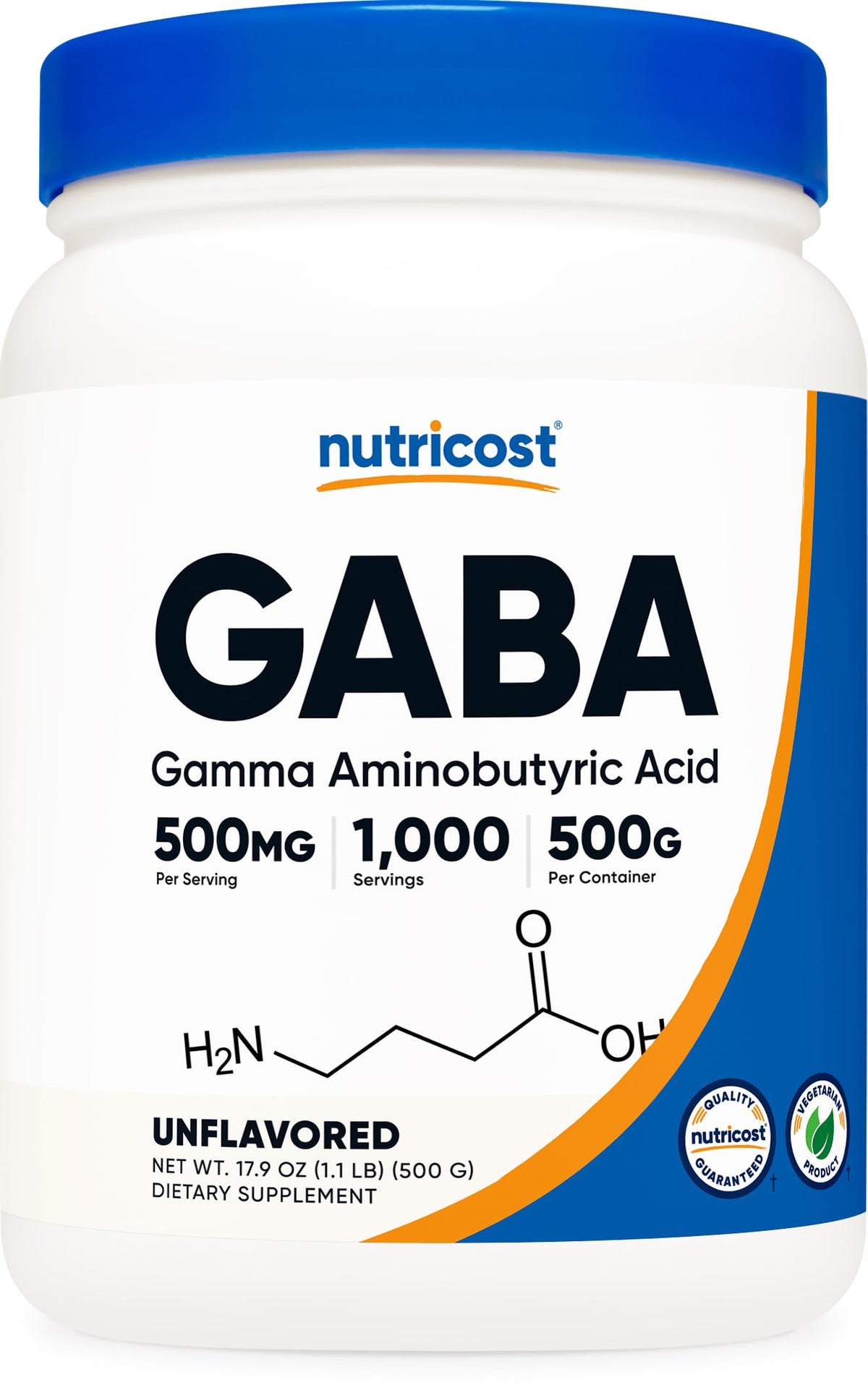 Nutricost Pure GABA 500G bottle front for calm evenings and purity