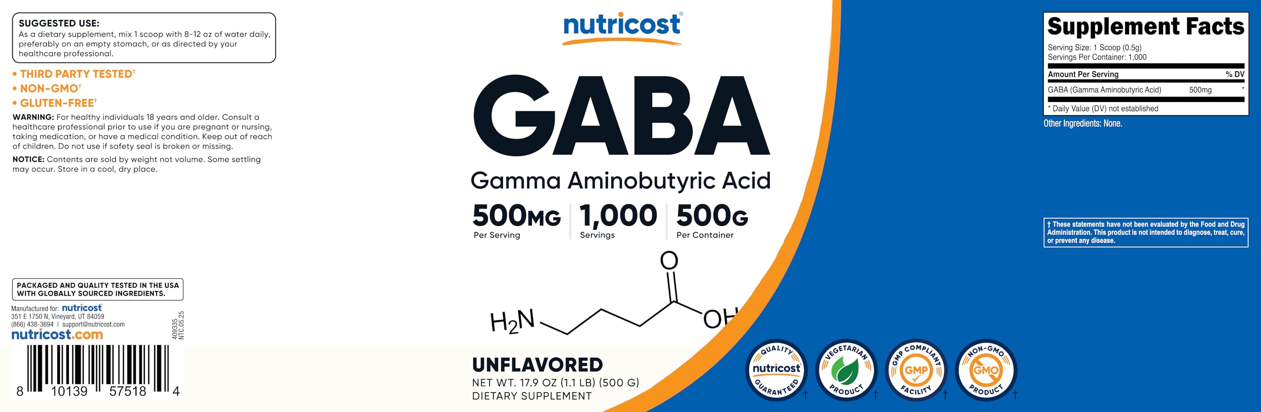 Nutricost Pure GABA 500G manufacturing facility suggesting GMP compliant production