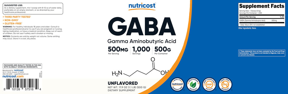 Nutricost Pure GABA 500G manufacturing facility suggesting GMP compliant production