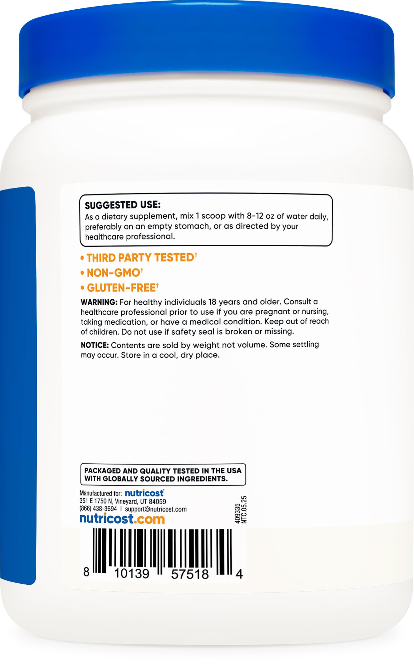 Nutricost Pure GABA 500G gluten-free label on packaging